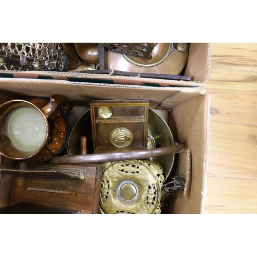 385 - Two boxes of brass and copper ware, and a copper lustre jug