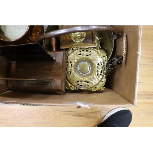 385 - Two boxes of brass and copper ware, and a copper lustre jug