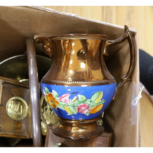 385 - Two boxes of brass and copper ware, and a copper lustre jug