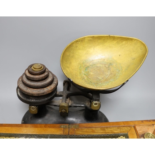 424 - A Victorian walnut writing slope and a set of Victorian cast iron scales and weights (2), writing bo... 