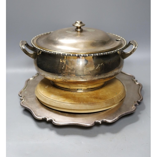 431 - Five items of silver plate including tea kettle on burner stand, 36 cms high.