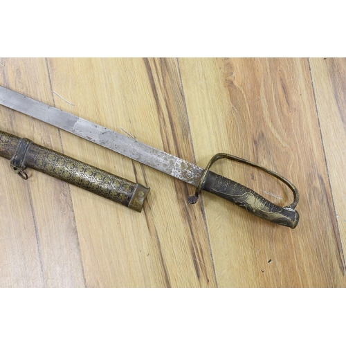 434 - A Chinese sword, single edged blade 64cm, in etched brass scabbard