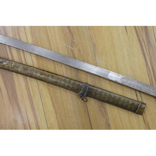 434 - A Chinese sword, single edged blade 64cm, in etched brass scabbard