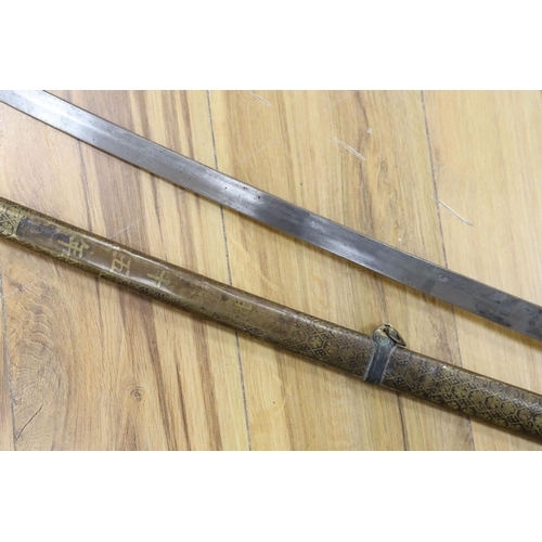 434 - A Chinese sword, single edged blade 64cm, in etched brass scabbard