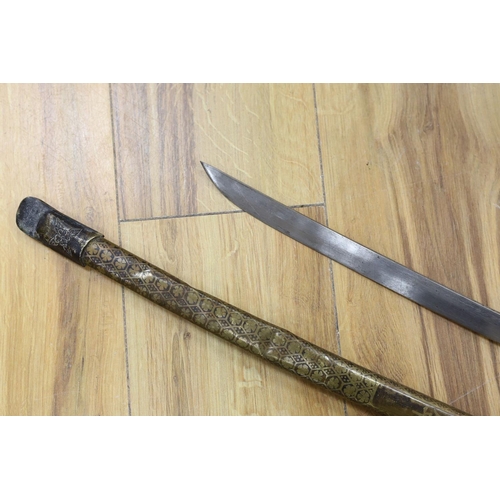 434 - A Chinese sword, single edged blade 64cm, in etched brass scabbard