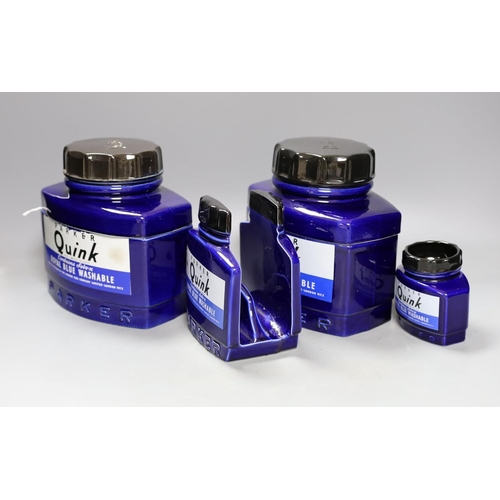 447 - Four large display ceramic Royal Blue Parker Quink ink bottles, largest 20 cms high.