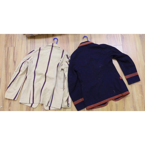 455 - Two late 19th/early 20th century cricket blazers, with crests on the pockets, makers label: Bodger a... 