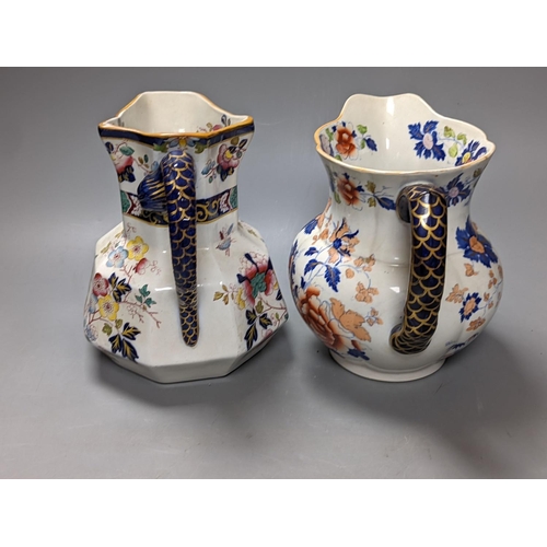 477 - Two Masons jugs, with snake handles, tallest 19 cms high.