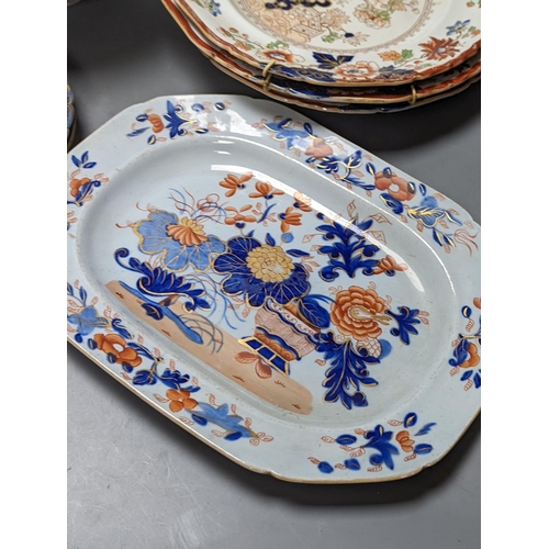 479 - Three Masons plates, a similar platter, two armorial plates and a Japanese bowl, stoneware platter 2... 