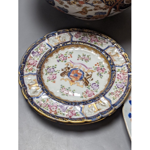 479 - Three Masons plates, a similar platter, two armorial plates and a Japanese bowl, stoneware platter 2... 