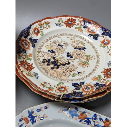 479 - Three Masons plates, a similar platter, two armorial plates and a Japanese bowl, stoneware platter 2... 