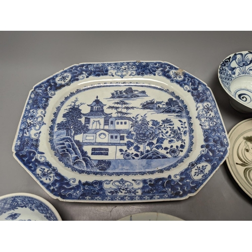 486 - An 18th century Chinese export blue and white meat platter, 38 cms wide, and other Oriental tablewar... 