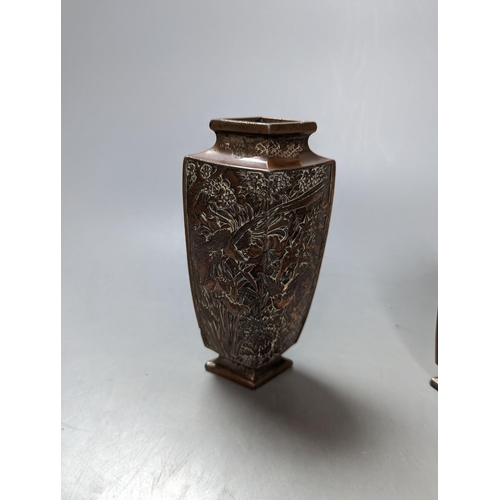 489 - A Japanese bronzed antimony smoker's stand and a pair of vases, stand 19 cms wide.