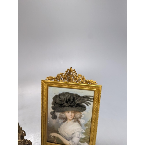 490 - Victorian miniature print of a lady in a black feather hat in a gilt brass frame and a small brass e... 