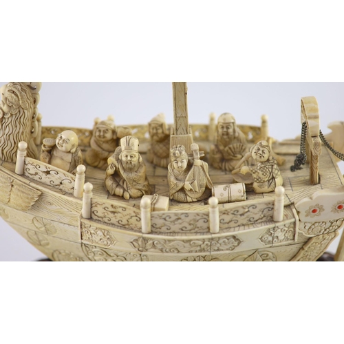 492 - A large Japanese ivory okimono of the seven Gods of Happiness treasure ship the Takarabune, early Sh... 