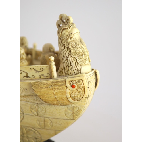 492 - A large Japanese ivory okimono of the seven Gods of Happiness treasure ship the Takarabune, early Sh... 