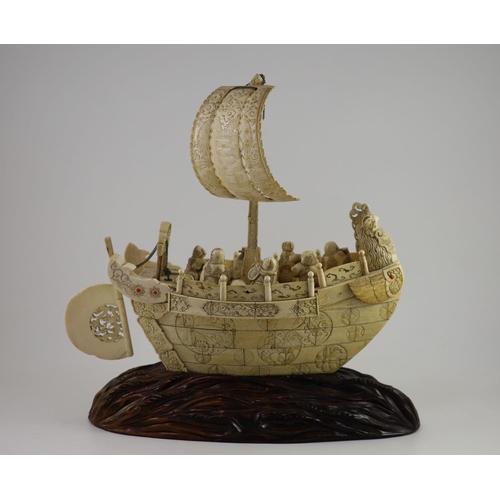 492 - A large Japanese ivory okimono of the seven Gods of Happiness treasure ship the Takarabune, early Sh... 