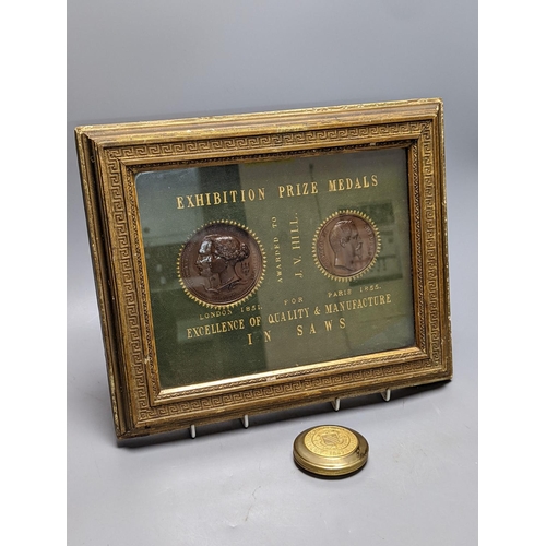 497 - Two Exhibition Prize Medals, to JV Hill, saw manufacturers, London 1851 and Paris 1855, frame 34cm. ... 