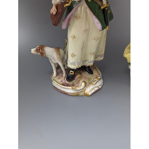 498 - A Meissen figure of a seated man playing the bagpipes, 8.5cm., and a similar group  of a huntswoman ... 