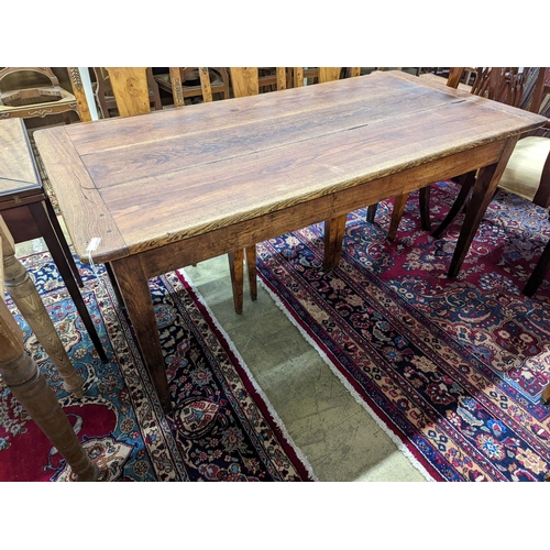 5 - A 19th century French rectangular oak kitchen table. W-153cm, D-75cm, H-73cm.