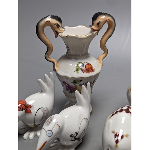 504 - A group of seven small Meissen ornaments, two-handled vase 12cm.