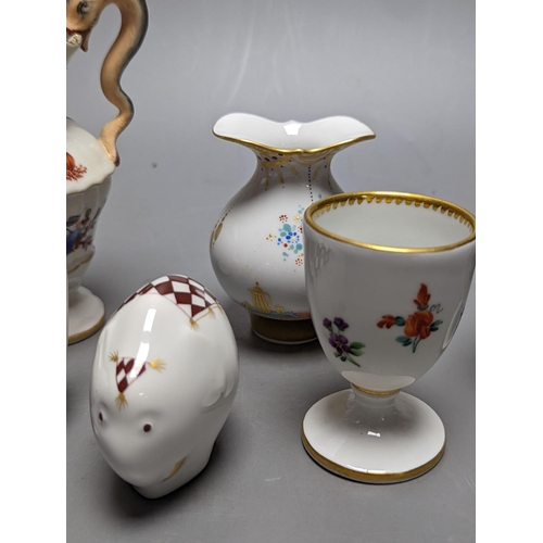 504 - A group of seven small Meissen ornaments, two-handled vase 12cm.