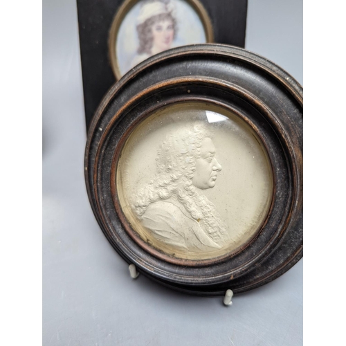 509 - A plaster relief portrait, Samuel Pepys, frame 13cm., a Victorian portrait miniature on ivory, a sil... 