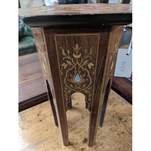 51 - A Moorish mother of pearl and marquetry inlaid hexagonal occasional table, width 29cm, height 50cm... 