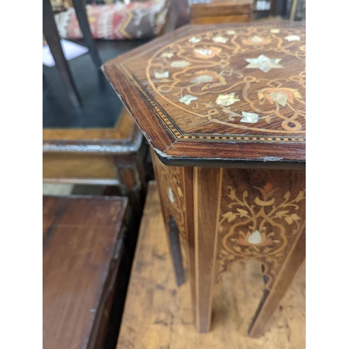 51 - A Moorish mother of pearl and marquetry inlaid hexagonal occasional table, width 29cm, height 50cm... 