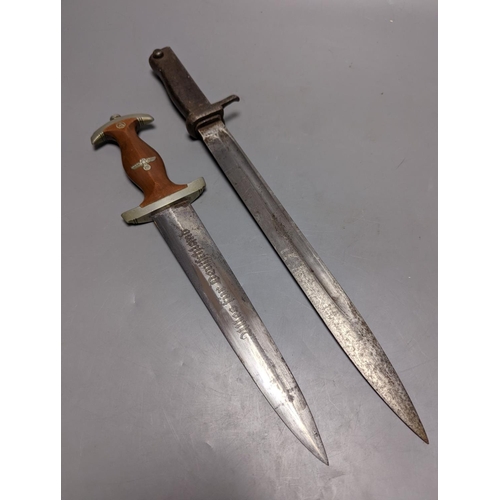 530 - A Third Reich SA dagger within sheath, blade 22cm., and a bayonet within scabbard