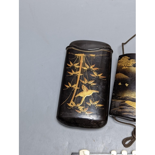 531 - A 19th century Japanese lacquer inro, similar cigar case, two bezique markers and a birch bark case,... 