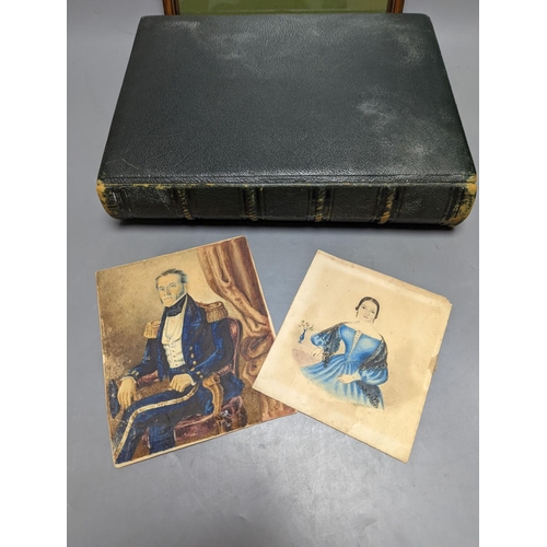 532 - Two Victorian leather photograph albums, without contents, two Victorian portrait miniatures, epheme... 