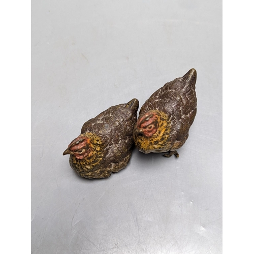 533 - A pair of late 19th century cold painted bronze models of a cock and hen, 66mm