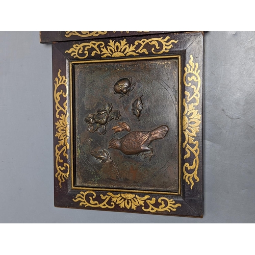 534 - A pair of Japanese mixed metal chicken panels, in gilded wood frames, 17cm. high