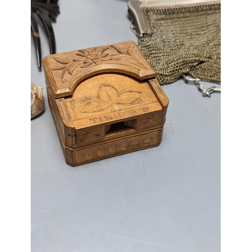 538 - Miscellaneous items including carved wood watch stand, ‘Our Father’ cameo shell and a plated inkwell... 