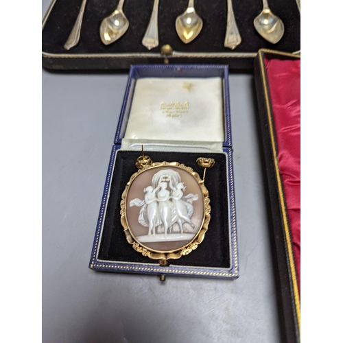 539 - Mixed items including coins, cameo brooch in yellow metal mount, plated ware and a cased set of six ... 