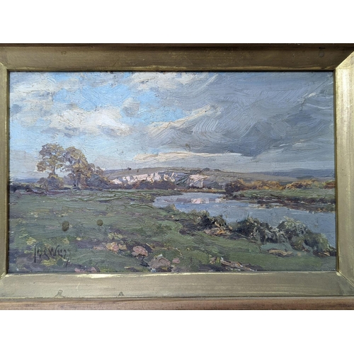 558 - José Weiss (1859-1919), oil on wooden panel, Landscape near Lewes, signed, 16 x 27cm and a small oil... 