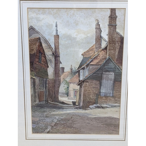 559 - F. da Ponte Player (Exh 1880-1882), two watercolours, 'A Back Street at Rye' and 'A Sussex Barn', si... 