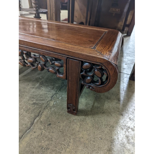 56 - A late Victorian Chinese hongmu rectangular low table, width 90cm, depth 43cm, height 34cm... 