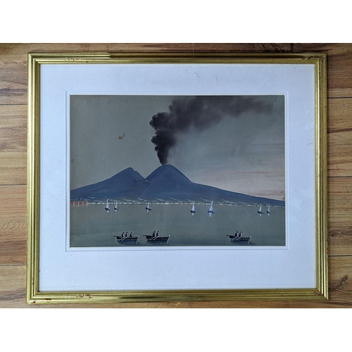 572 - Neopolitan School, gouache, Bay of Naples with Vesuvius erupting, 33 x 43cm