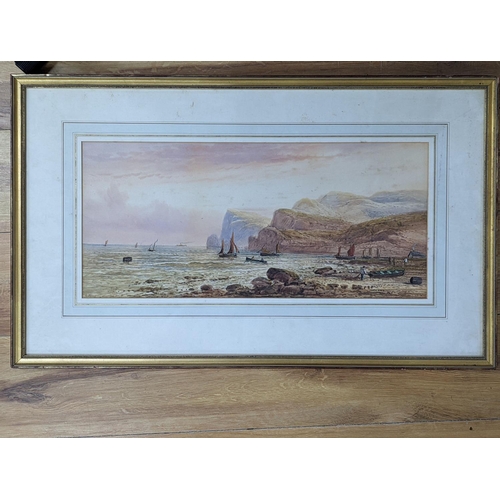 573 - E. Lewis (Earp), watercolour, Fishing boats along the coast, signed, 23 x 53cm