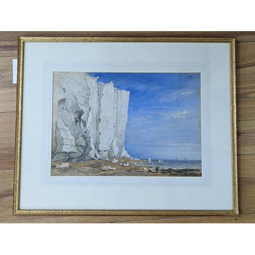 574 - 19th century English School, watercolour, Fisherfolk beneath sea cliffs, 28 x 41cm