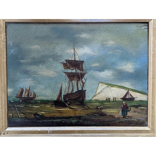 584 - 19th century Primitive School, pair of oils on panels, Fishing boats along the shore, 22 x 30cm... 