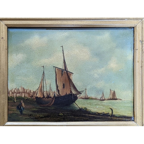 584 - 19th century Primitive School, pair of oils on panels, Fishing boats along the shore, 22 x 30cm... 