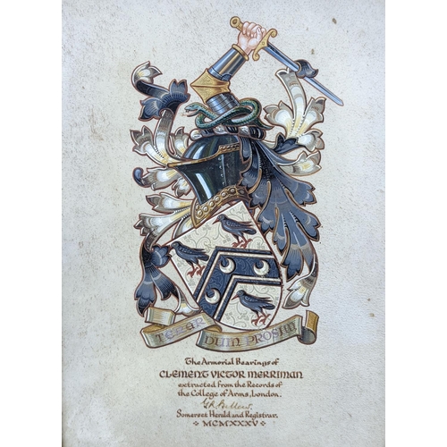 585 - An illuminated parchment armorial, The Bearings of Clement Victor Merriman, 1935, signed by Sir Geor... 