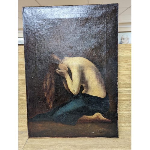 594 - H M Tooth (19th C.), oil on canvas, Crying woman, signed, 47 x 33cm, unframed