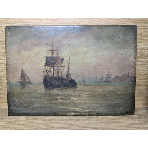 599 - 19th century English School, oil on mahogany panel, Shipping off the coast at sunset, 25 x 36cm, unf... 