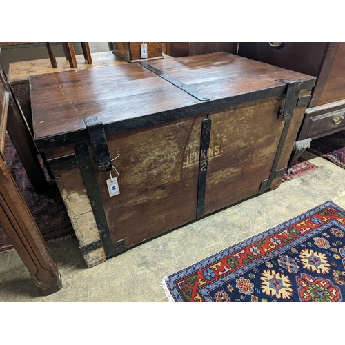 60 - A Victorian iron bound teak trunk with zinc lined interior, width 110cm, depth 67cm, height 61cm... 