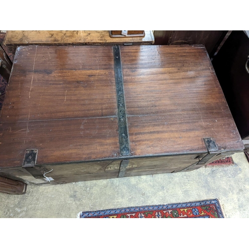 60 - A Victorian iron bound teak trunk with zinc lined interior, width 110cm, depth 67cm, height 61cm... 