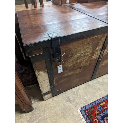 60 - A Victorian iron bound teak trunk with zinc lined interior, width 110cm, depth 67cm, height 61cm... 